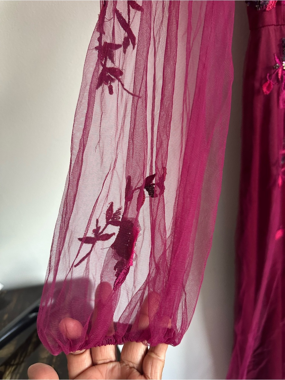 Theia Rose-Motif Long Sleeve Tulle Gown in Wine - Picture 4 of 5